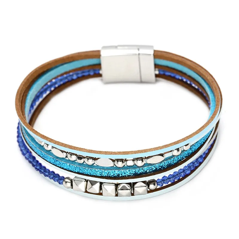 Fashion Braided Rope Cord Wrap PU Leather Bracelet Femme Women Customized Magnetic Clasp Lucky Knot Genuine Leather Bracelet