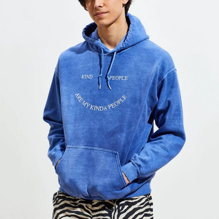 
2021 Overdyed Hoodie Sweatshirt Heavy Weight Embroidered Pullover Men Blue Relaxed Fit Hoody 