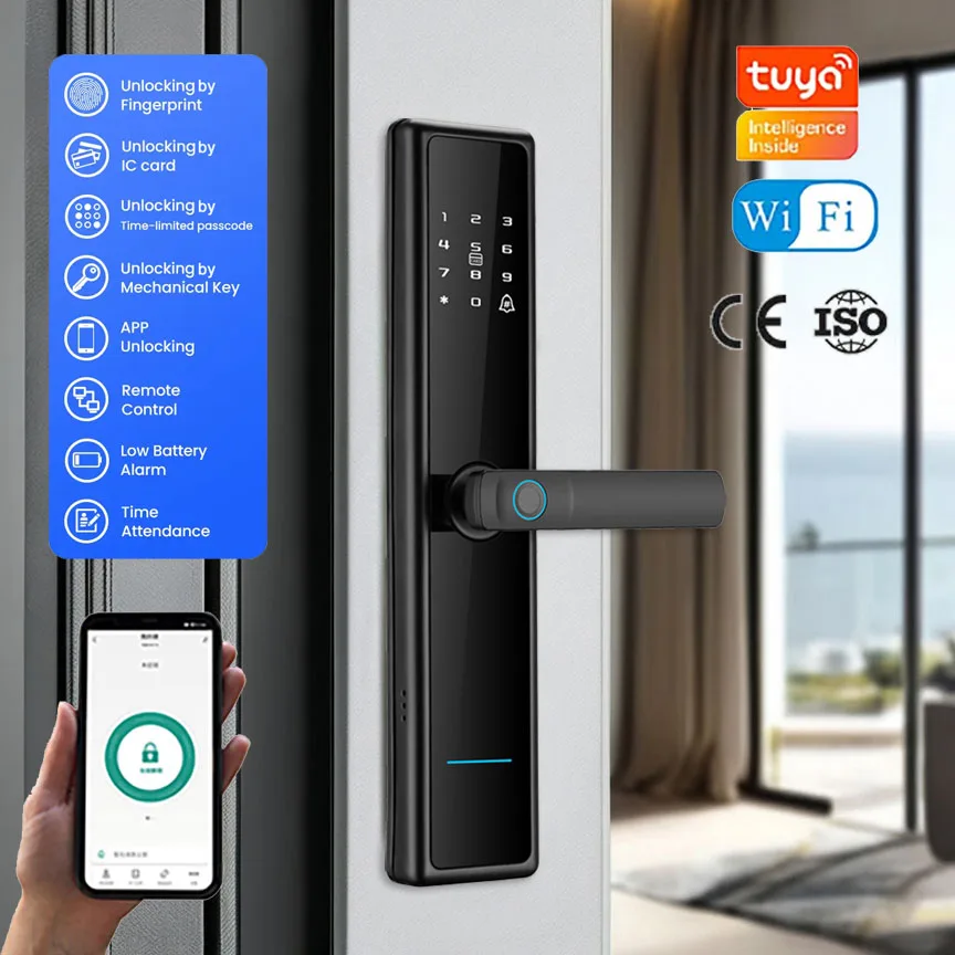 Anti-Theft Smart Lock for Home Waterproof  Feature Fingerprint Password Access Tuya Control Compatible Wood Door WiFi Network