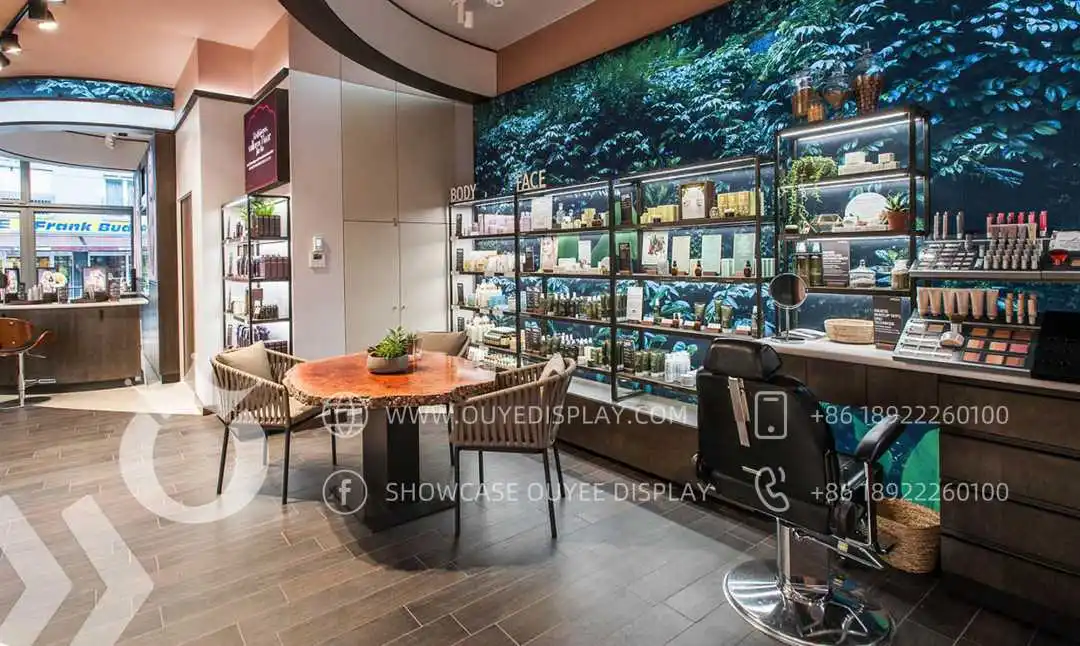 Custom Wood Showcase for Cosmetic Store Perfume Display Glass Shelves And Lockable Counter With Drawer and Storage