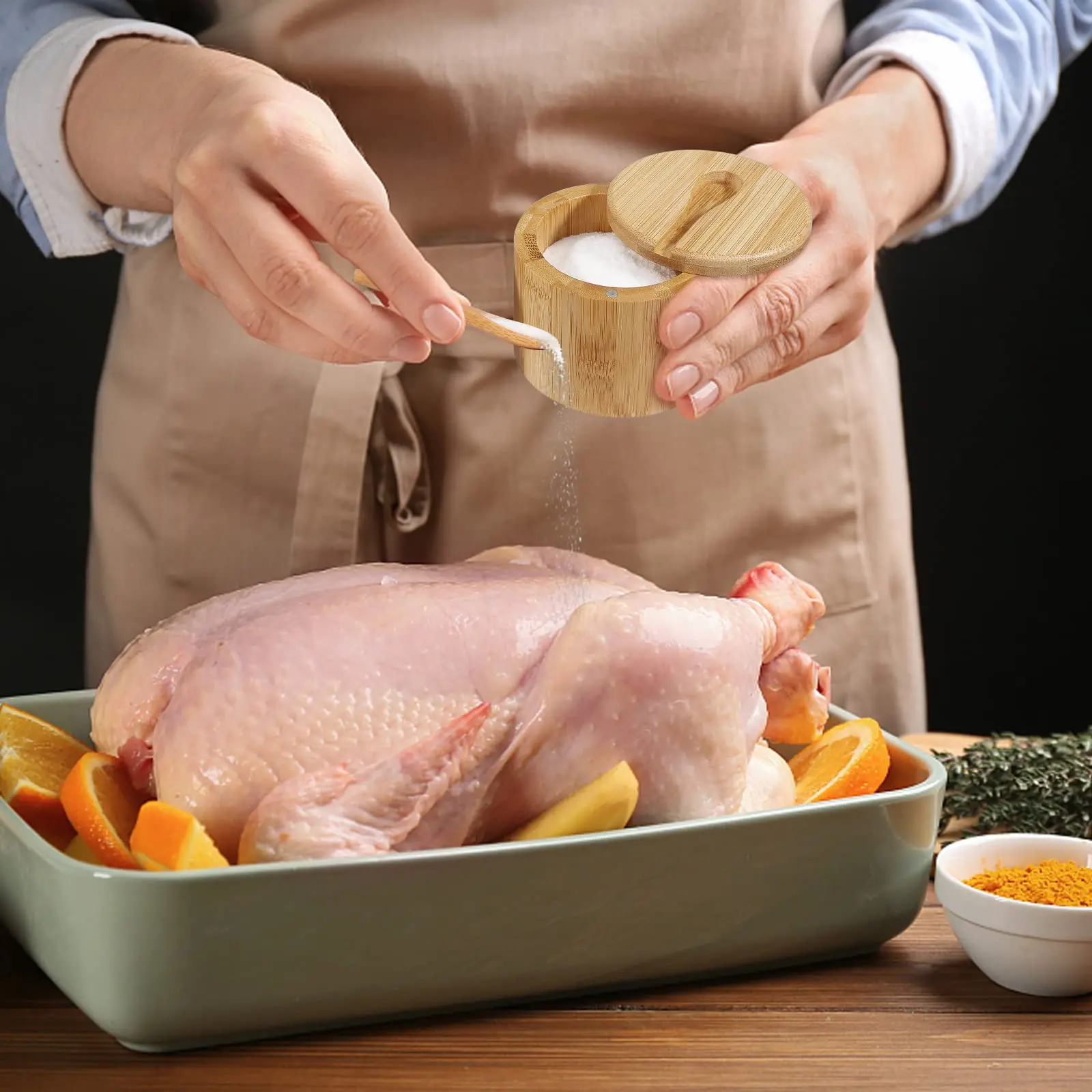 Wooden Salt Cage with Swivel Lid Salt Bowl Spice Cellar for Kitchen Keep Fresh Bamboo Seasoning Box with Spoon