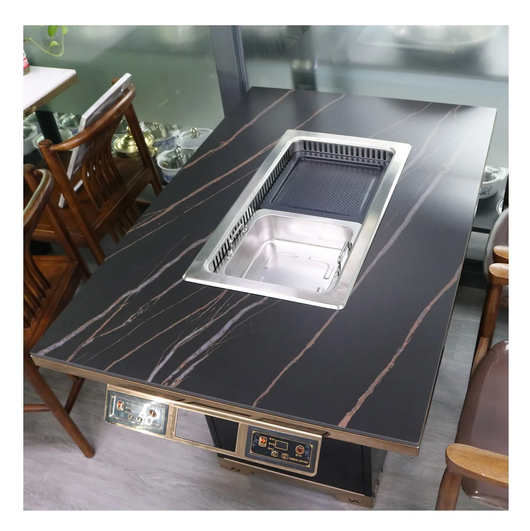 Restaurant Equipment 2 In 1 Korean Smokeless Hot Pot Bbq Built In Dining Table