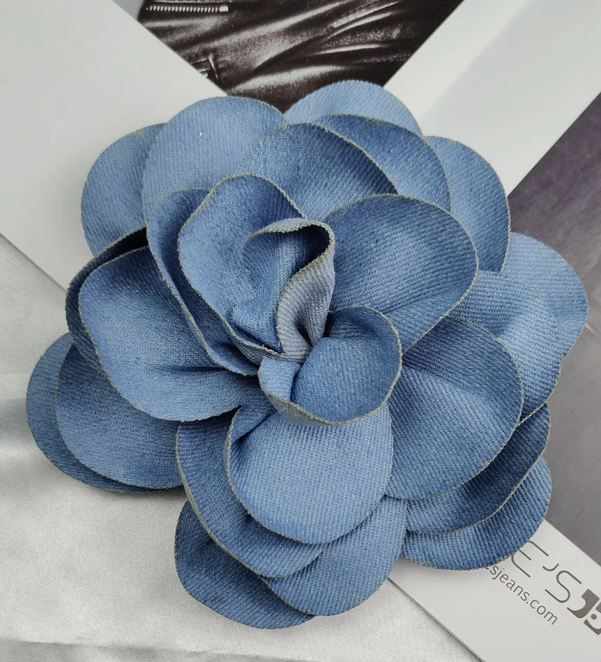 ZSY New Exaggerated Romantic Blue Denim Fabric Big Rose Flower Brooch Accessories Vintage Camellia Pendant Earrings Accessories