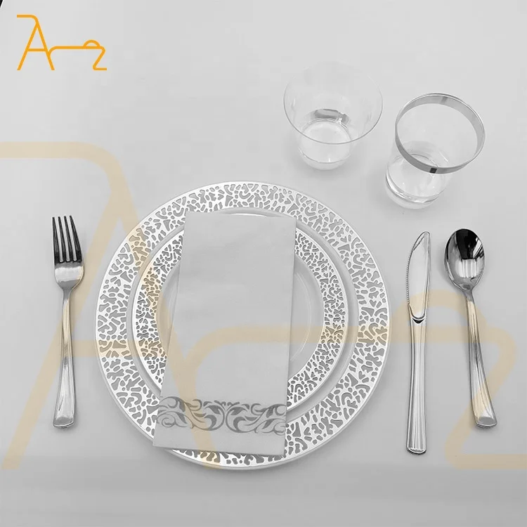 Wholesale Party Banquet Disposable Plastic Plates Rose pink Hollow Lace Design Party Tableware Sets Gold Disposable Tableware