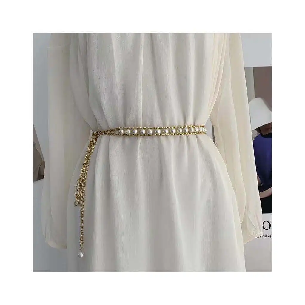 
Sweet Fashion Pearl Waist Belts For Women Dresses Gold Long chain Belt slim Girls Waist Belts Waistband 