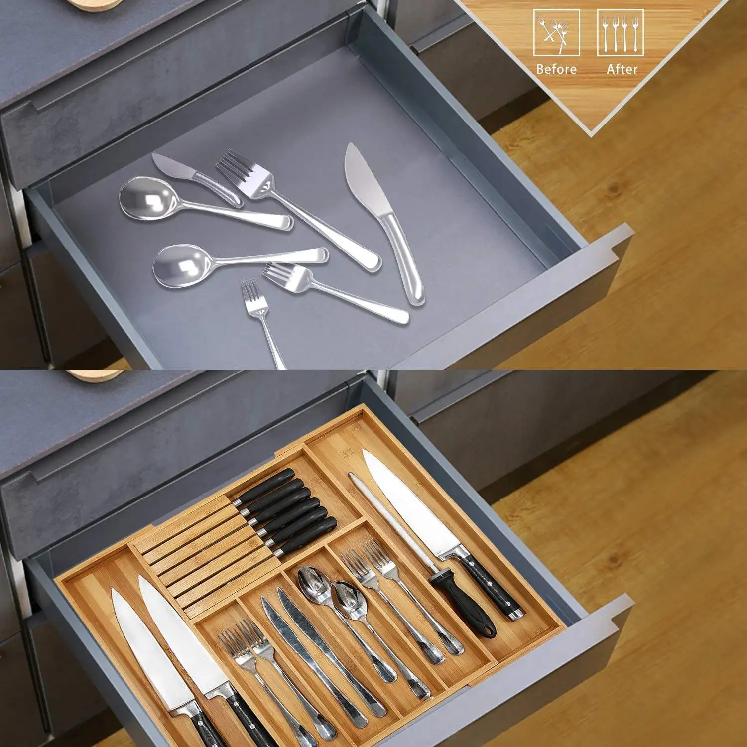 Hot Sale Bamboo Kitchen Drawer Utensil Organizer Expandable Cutlery Tray with Divider Flatware Storage