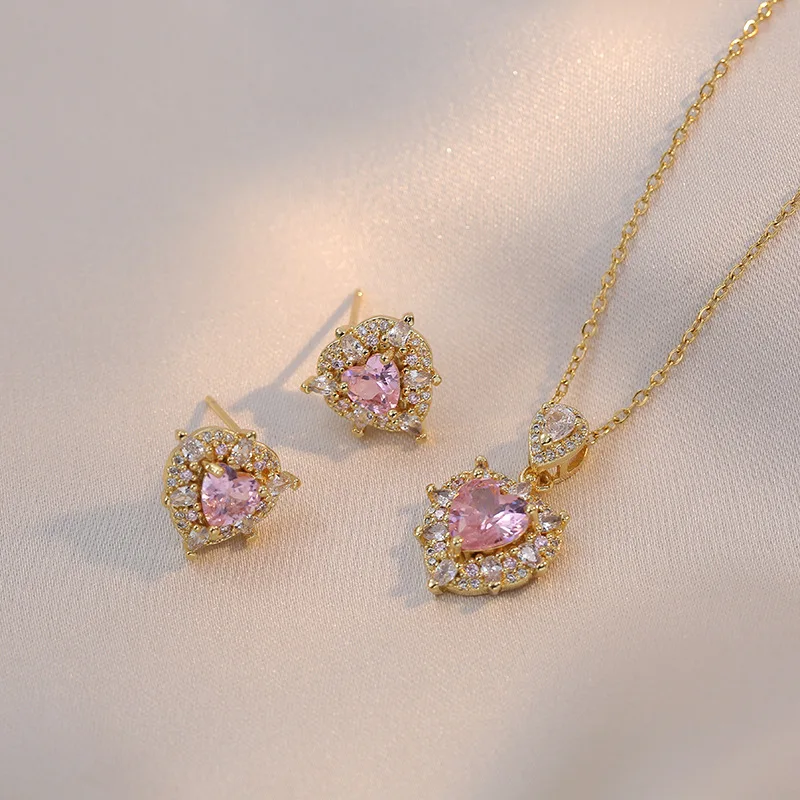 Sweet Cute Girl Pink Crystal Zirconia Heart Pendant Necklace Earrings Bridal Jewelry Set Luxury Retro Accessories for Women