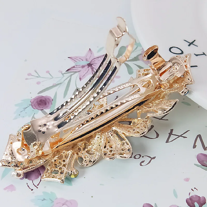 BELLEGIRL new design custom packaging hair accessories wholesale Korean women alloy rhinestone Gold plated bow spring hair clip