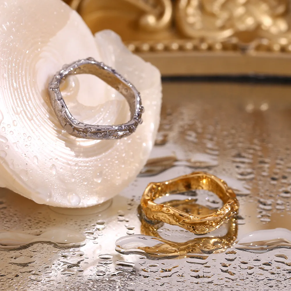 Simple Hammered Enamel Finger Rings for Women Waterproof 18K Gold Plated 316L Stainless Steel Plain Wave Rings