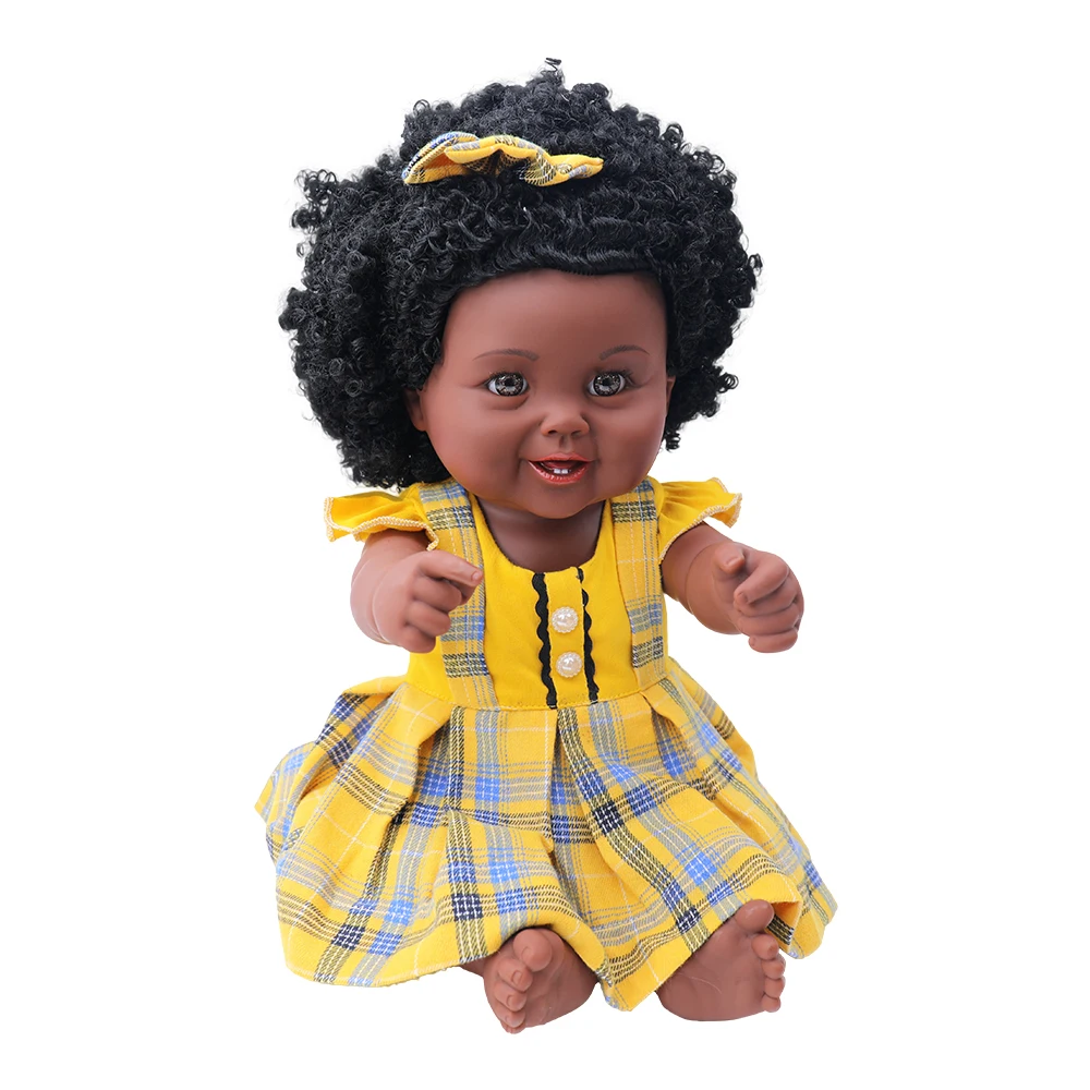 Tusalmo doll factory price wholesale lifelike 19 inch black pretty girl doll with dimples beautiful yellow dress for kids