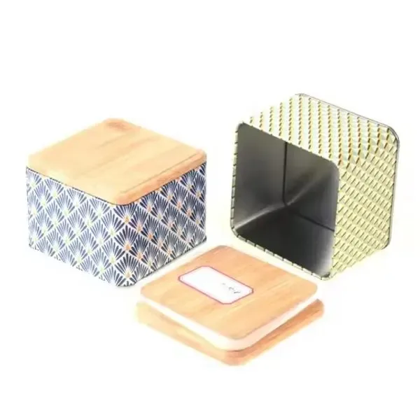 Airtight loose leaf tea storage tin with wooden top metal tea tin boxes with bamboo wood lid