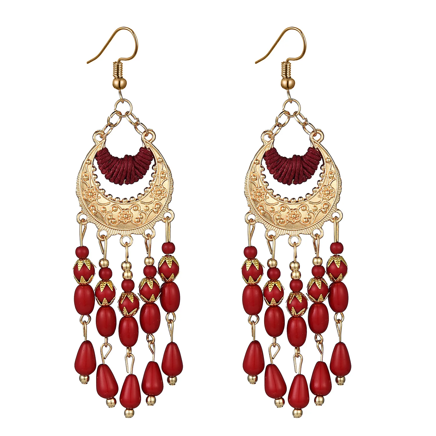 Zircon Jewelry Bohemian Holiday Style Alloy Gold Plated Carved Handmade Beads Party Huggie Tassels Long Earrings for Women