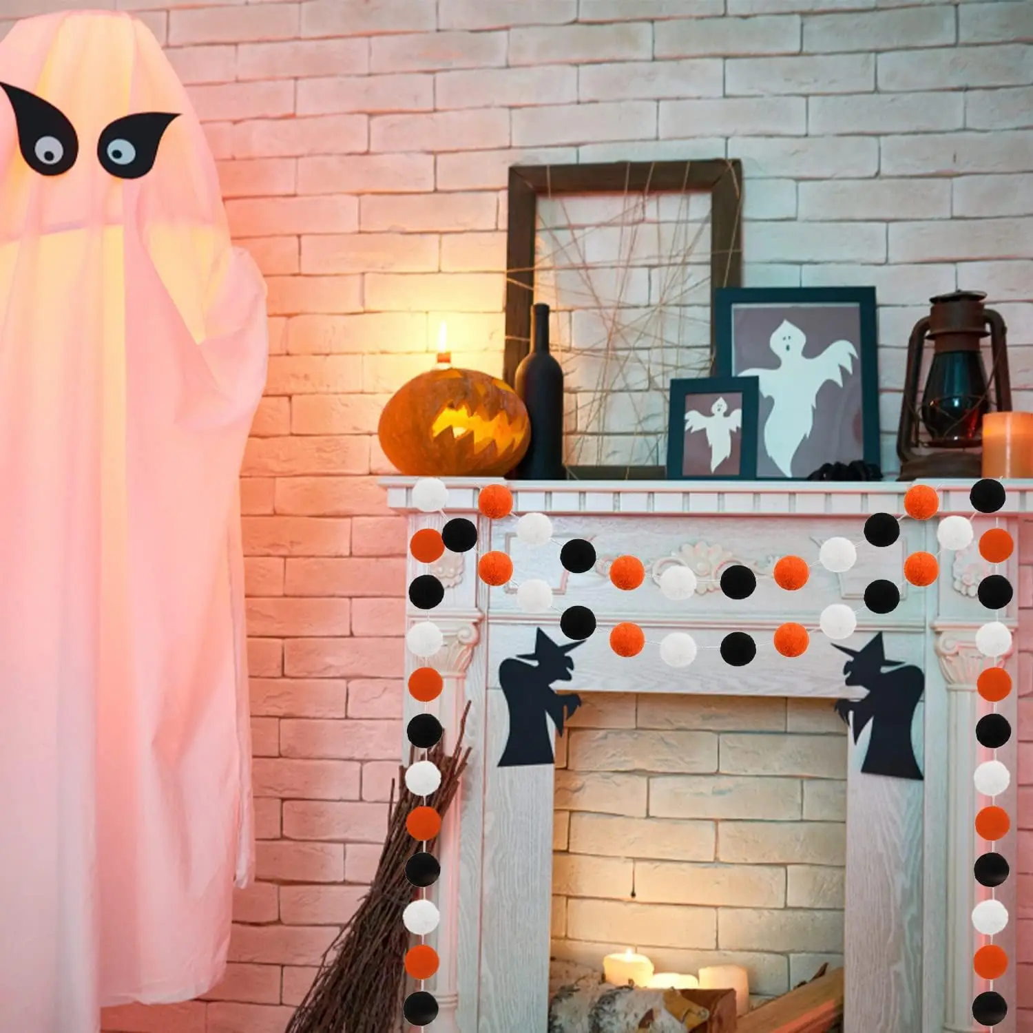 Halloween Indoor Room Decor Cute Hanging Orange Black Pompom Bead Ornament String  Felt Ball Pom Pom Garland