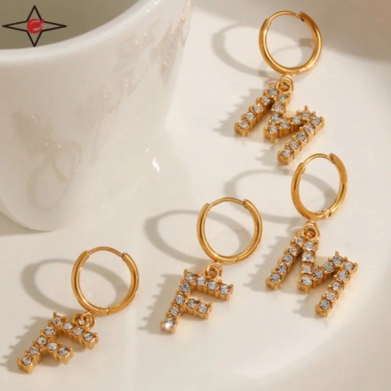 Custom Trendy Fashion Accessories 18k Gold Stainless Steel Hoop Earring Letter B Zircon Earrings For Women