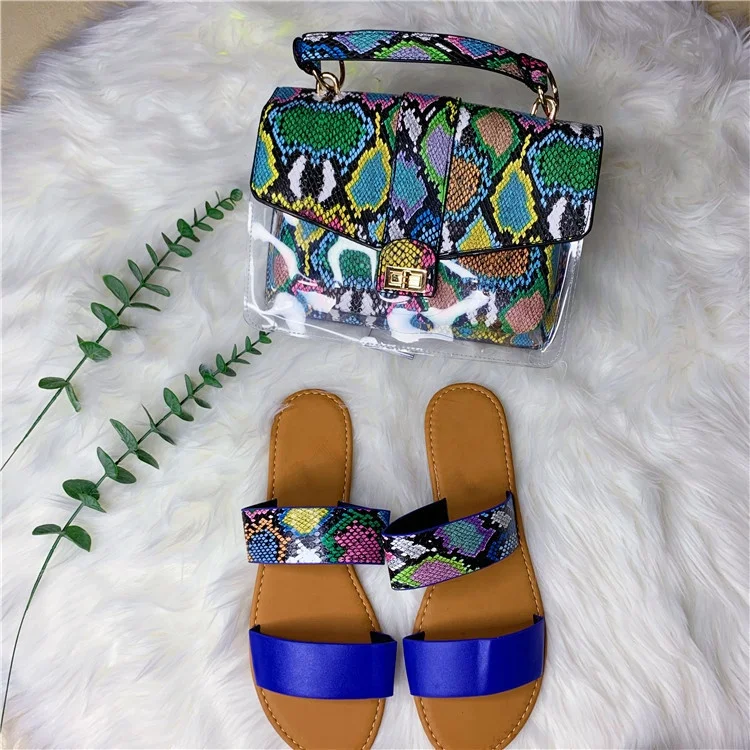
2021 Hot Sale Women Summer Snake Skin Flat Slippers Female Outside Beach Soft Slide Sandals Bag Sets 