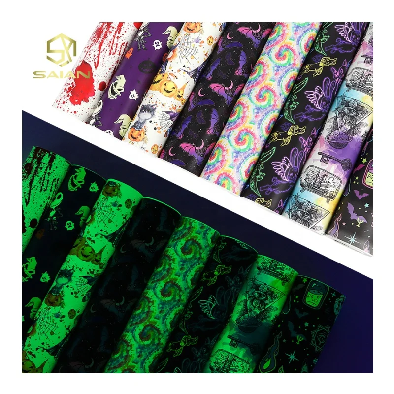 1MM Custom Pattern Design Glow In The Dark Luminous Fluorescent PU Printed Faux Syntrhetic Leather Rolls For Shoes Bags