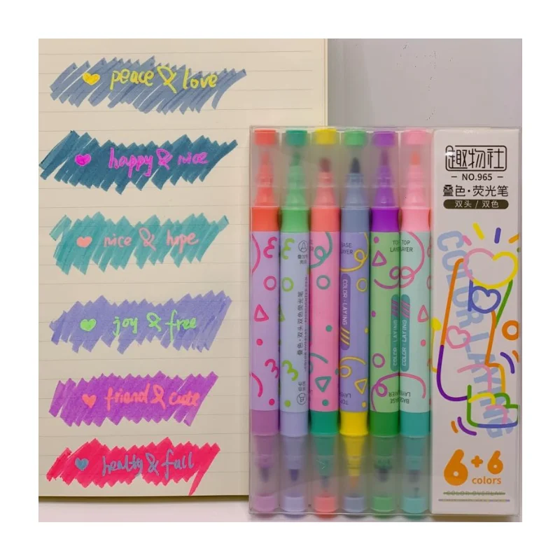 School Stationery Double Headed Two Color Fluorescent Pen Kawaii Eye Protection Color Marking Stroke Key Marking Painting Pen