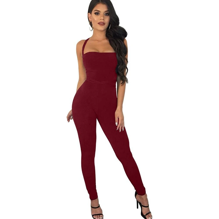 Fancy new print sleeveless jumpsuit red cotton women sexy tight plain jumpsuits girls