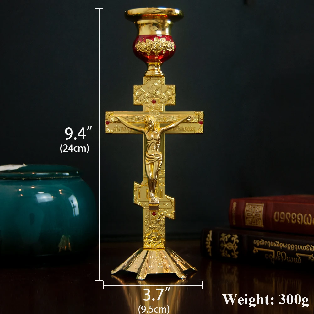 HT Gold Plated Candlesticks Church Jesus Crucifix Candle Holders with Round Base and Floral Design
