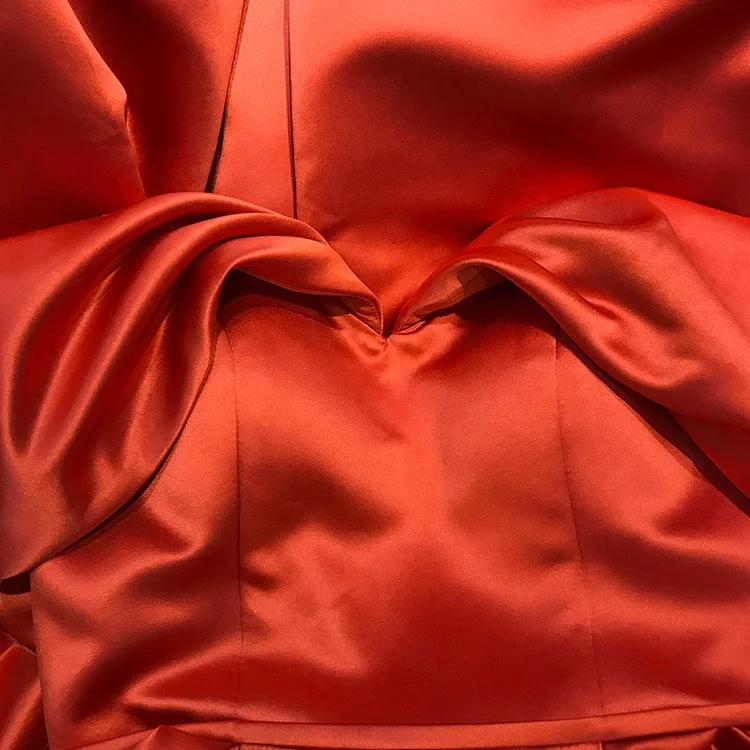 satin wedding dress bride gown prom dress orange color off shoulder long tailing zipper