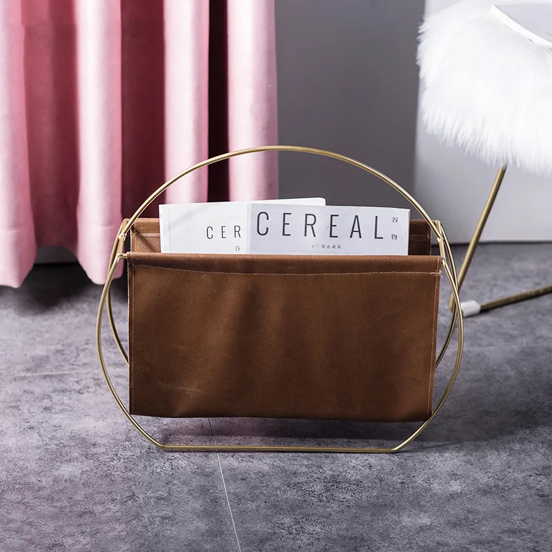 New Style Golden Metal Magazine Rack Pu Leather Handmade Home Table Magazine Holder Rack