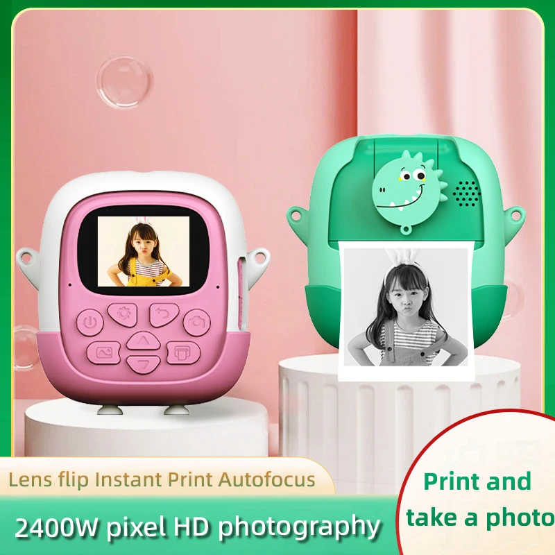 Dinosaur camera  Folding lens auto focus 24MP kids toys instant print camera with zero ink printing paper1080P HD video recorder