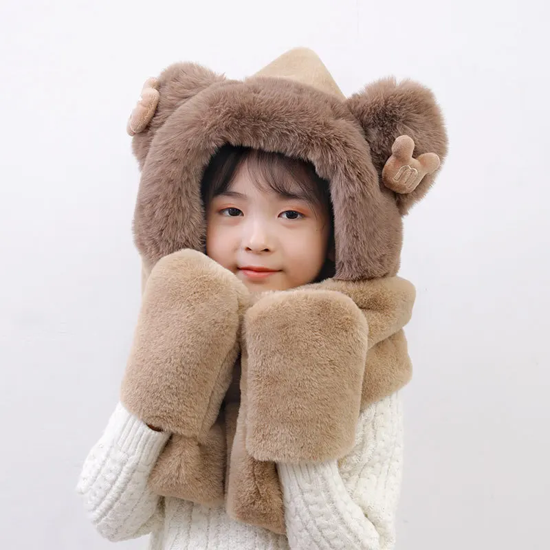 2021 модный симпатичный новый детский мультяшный шарф шапка набор из трех теплых шарфов с капюшоном детские перчатки один шарф
