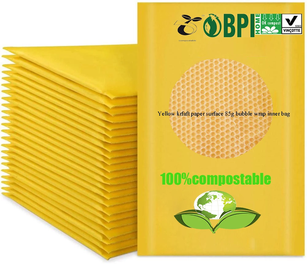 
Yellow Kraft surface & Bio-plastic Bubble inner Express Mailer Deliver Bags, 100%compostable environmental sustainable bio-pouch 