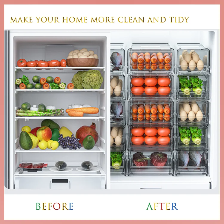 Hot Sale Wholesale Plastic Refrigerator Storage Box Transparent Fridge Drawer Organizer Stackable Refrigerator Organizer