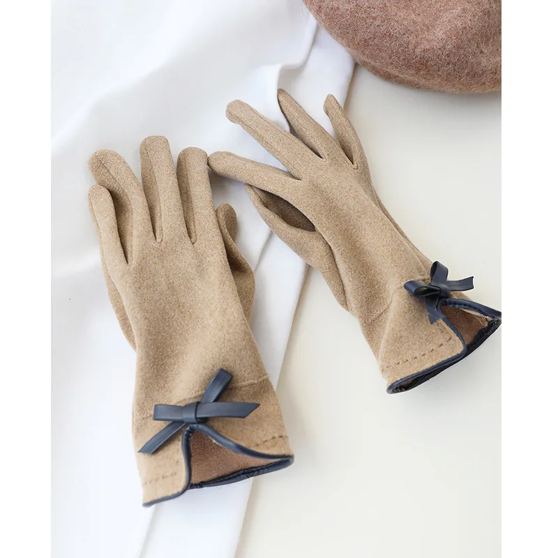 Милые стильные перчатки с галстуком-бабочкой на осень и зиму Женские флисовые утолщенные теплые для