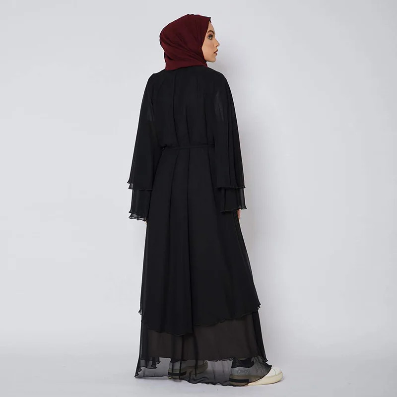 High Quality Double Layer Ruffle Abaya Dubai Islamic Modest Clothing Black Chiffon Open Abaya Kimono for Muslim