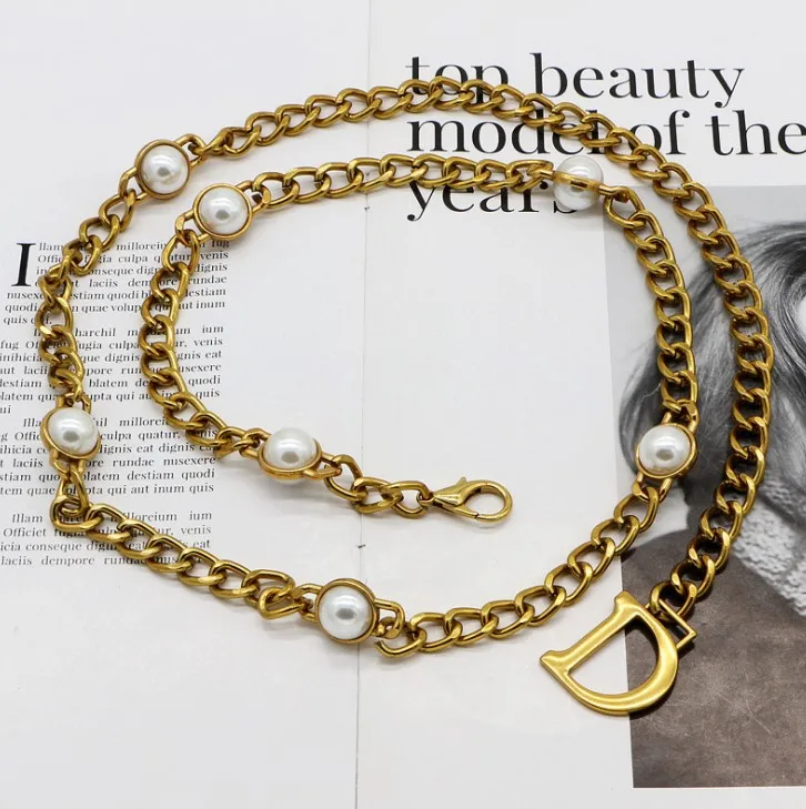 Women Metal Imitation Pearl Beads Thin Waist Chain Belt Adjustable Size Gold Waist Chain Dress Accessories