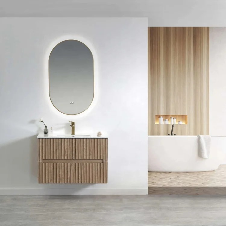 Modern custom bathroom cabinet with ceramic integrated basin pvc finished veneer finished bathroom vanity