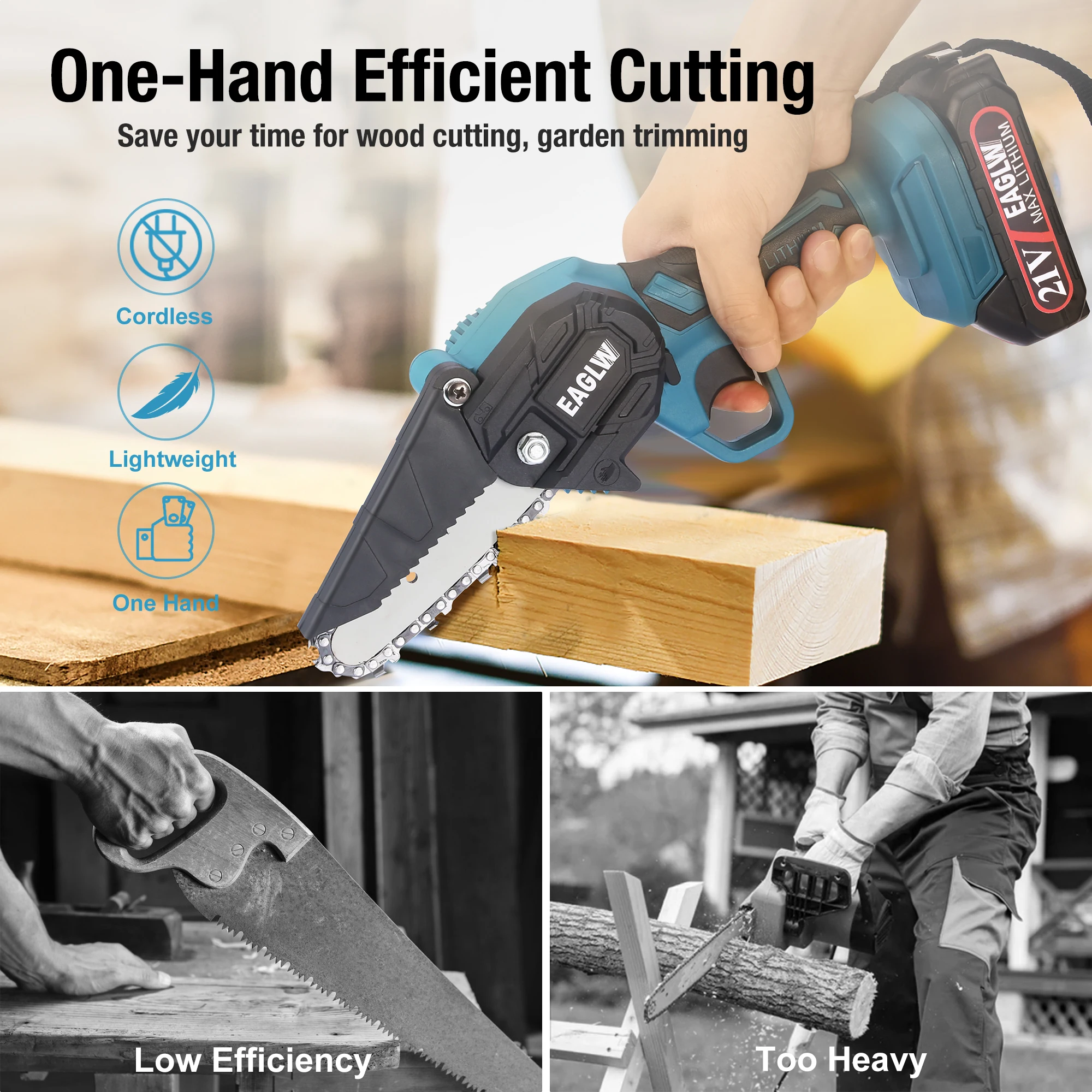 
Cordless high power handhold 4 inches chainsaw set with safety lock, 2 batteries 21V (support customization 6~10 inches) 