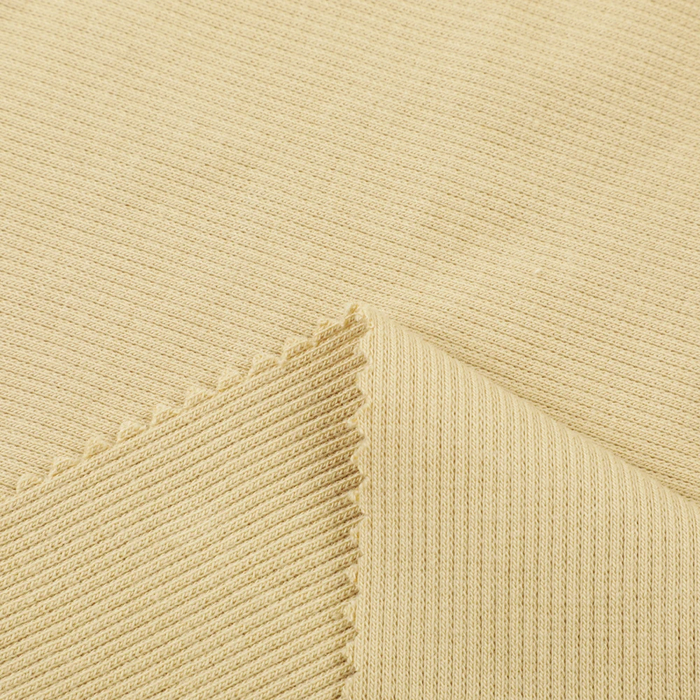 Skin friendly garment material  yellow cvc spandex 2x2 rib knit cotton spandex fabric