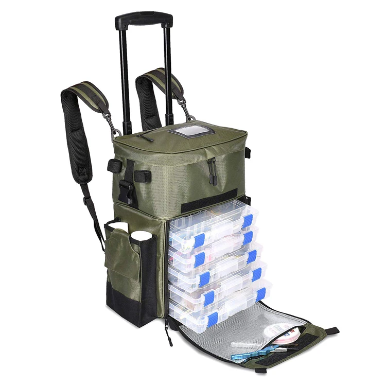 China Manufacturer Fishing bags Trolley Fishing bag With Backpack Straps,Rolling Fishing Backpack Tackle Box Storage