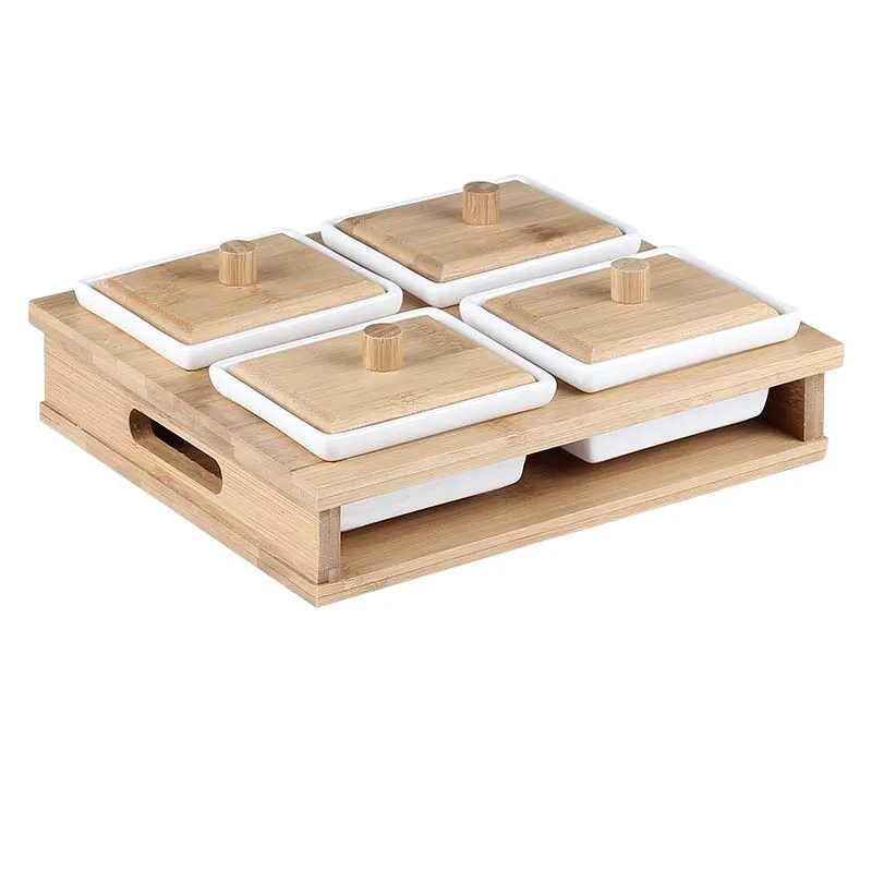 
Whole Sale Nordic Style Fashionable 6 Compartment Dry Fruit Ceramic Tray With Wood Shelf 