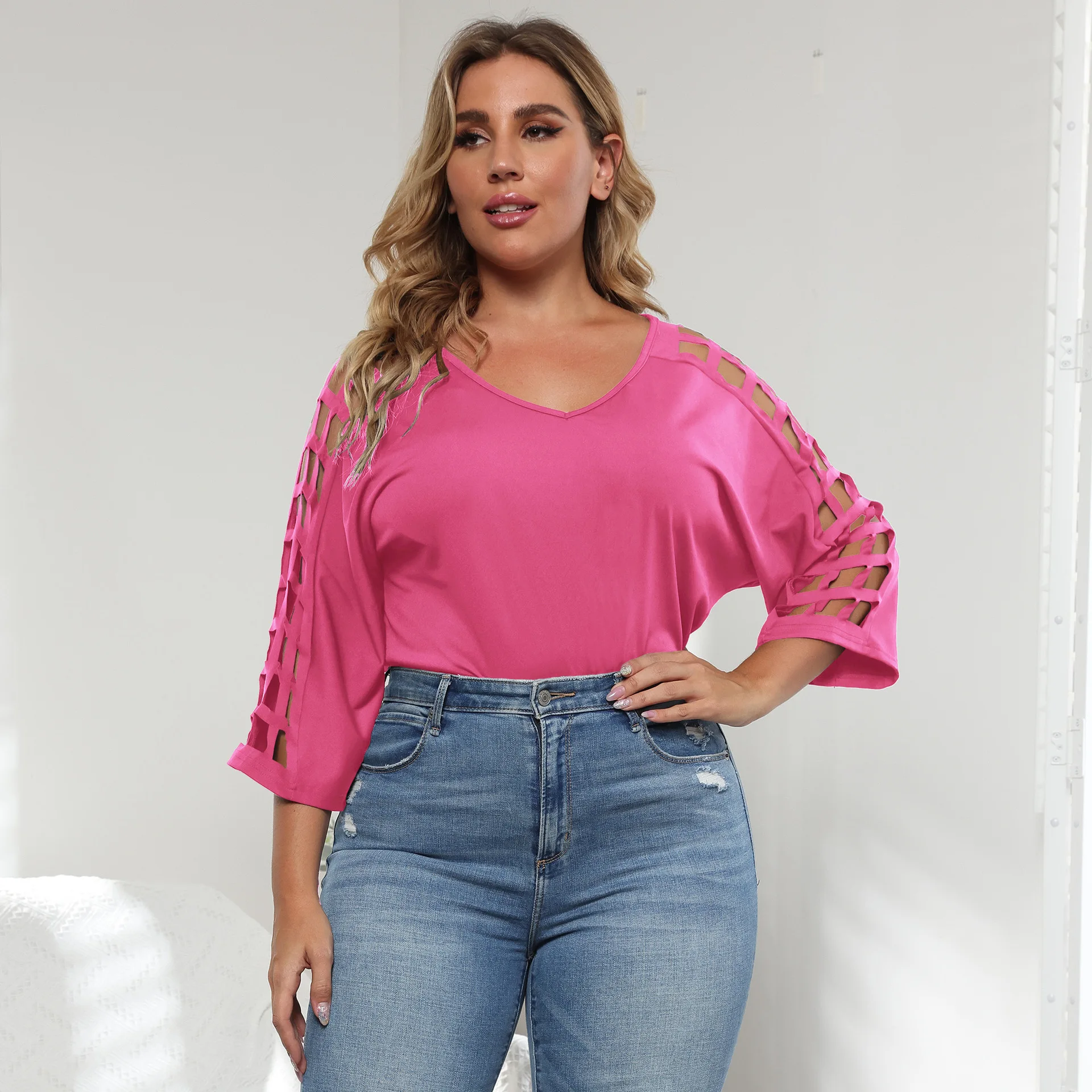Fashion plus size women t-shirts top Autumn hollowed-out V-neck bat sleeve T-shirt custom manufacturers wholesale cheap