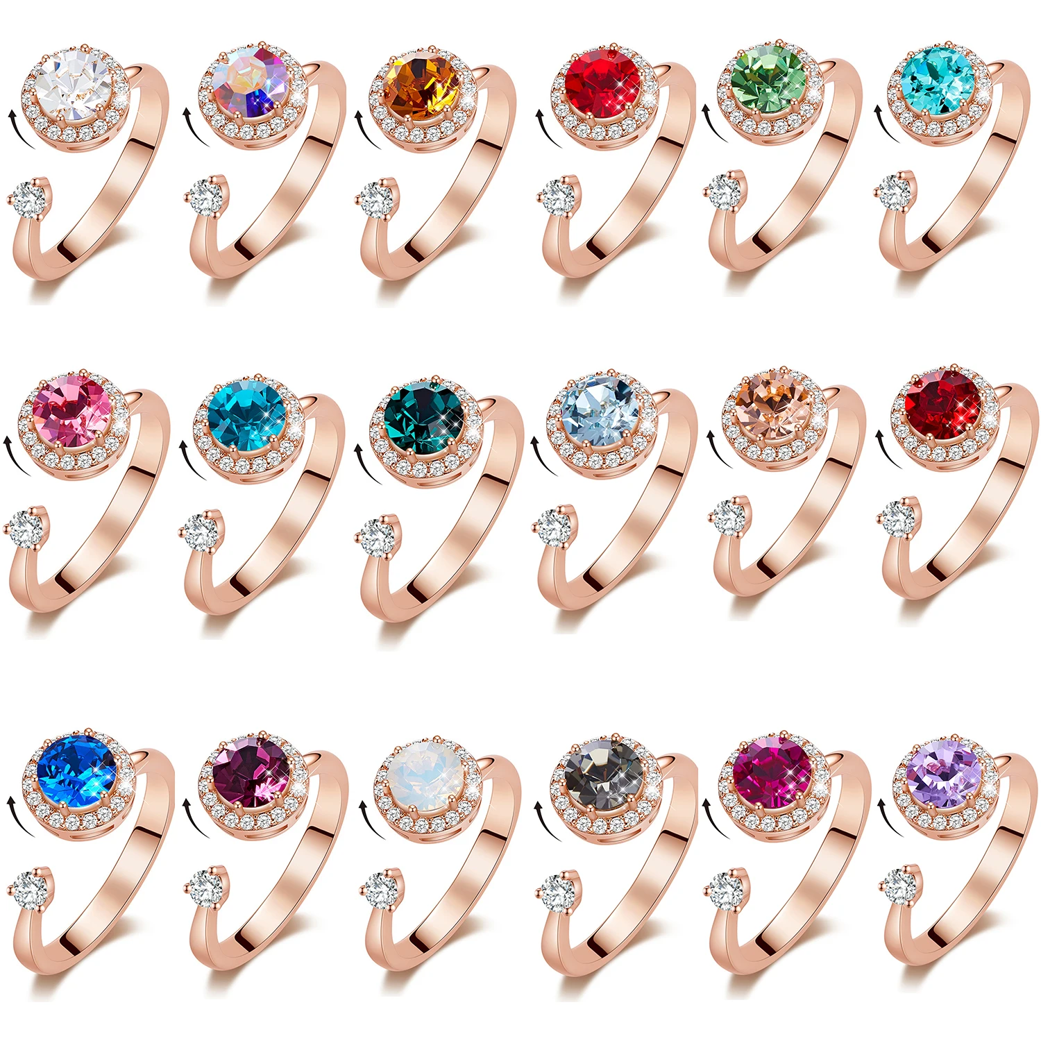 Anxiety Ring Colorful Stone Jewelry Rose Gold Plated Brass Ring Anti Stress Crystal Fidget Anxiety Ring Adjustable