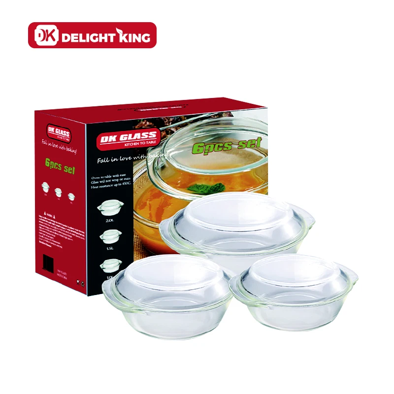 
6pcs glass pots set/ Big sizes high borosilicate glass casseroles set with handle and casserole dish pan 