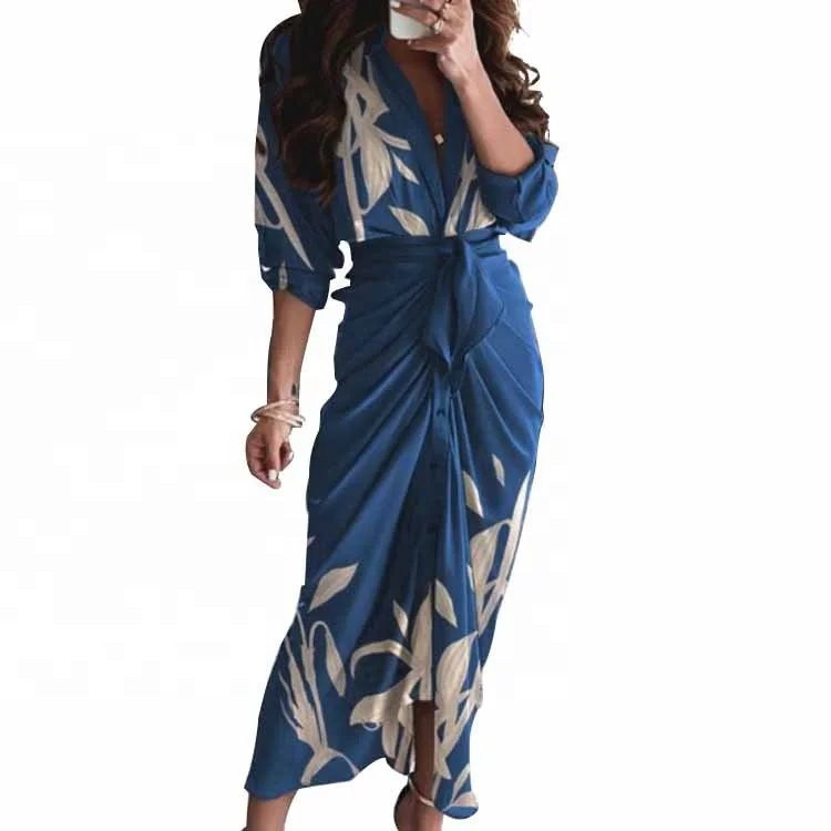 Spring Autumn Summer New Women Button Long Casual Dress Floral Printed Shirt Maxi Dress