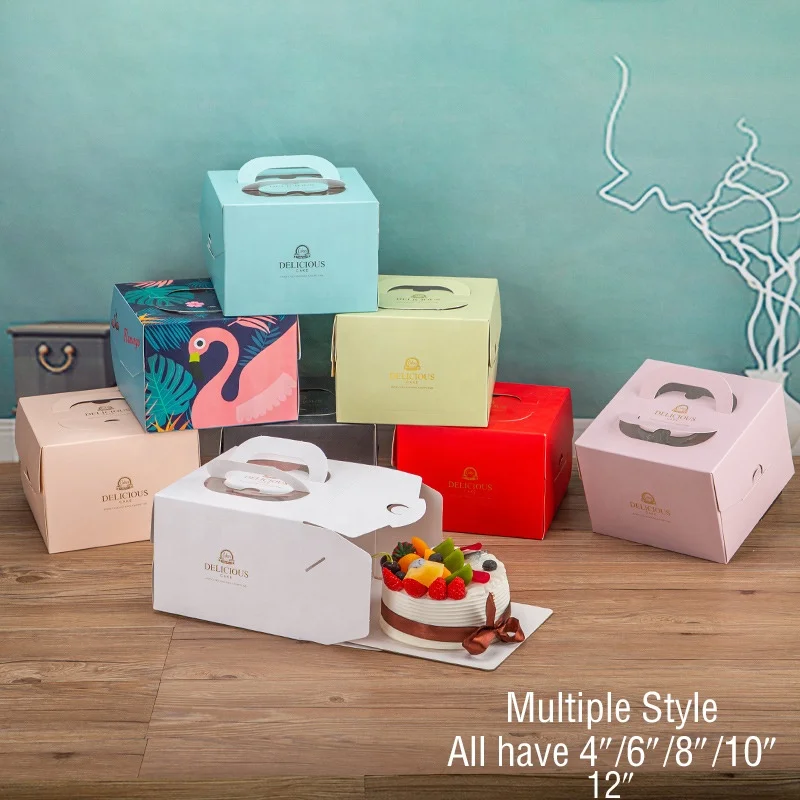 Cheap Custom logo clear paper packaging box for birthday wedding food  4 6 8 10 12 inches cheese cake box with window handle