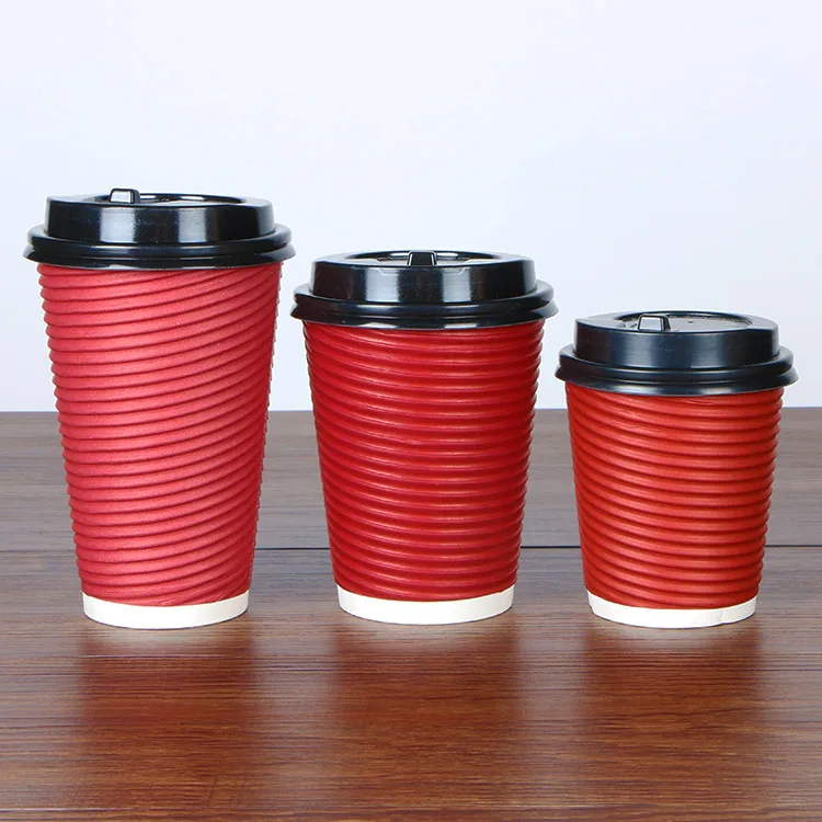 Food Grade Eco-friendly 8oz 12oz 16oz party Paper Cup Ripple Wall Disposable Red Black with Lids