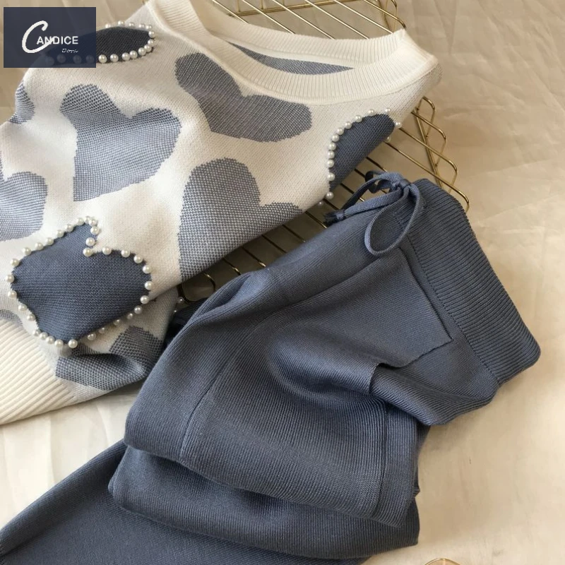 Candice high quality sweater hoodie and long pants suit elegant Beaded knit winter 2 piece sets for women