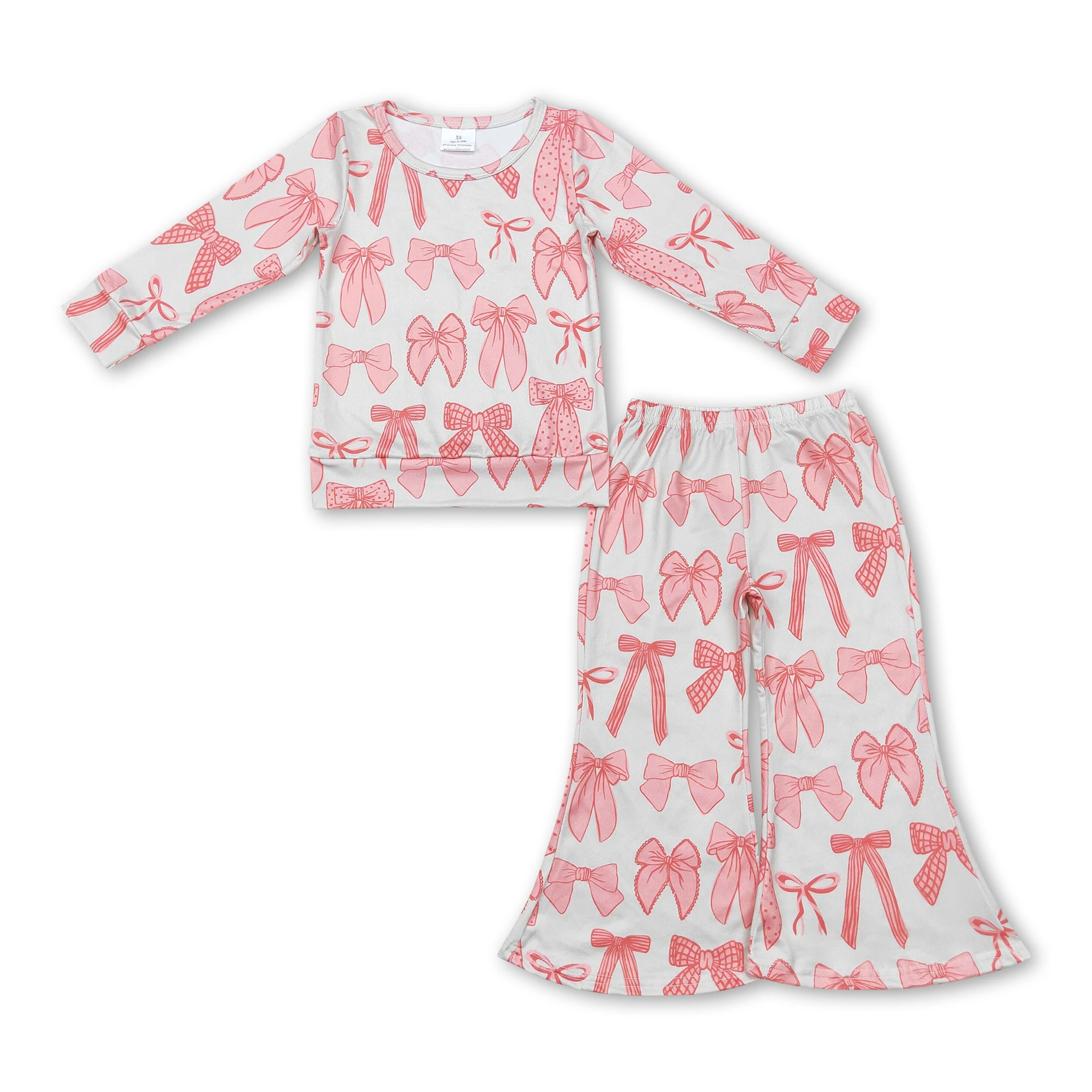 2024 New Style pink Set Milk Silk Long Sleeve O-neck Leisure Long Bell-pant Full of Bows Pattern Kids Girl Clothing