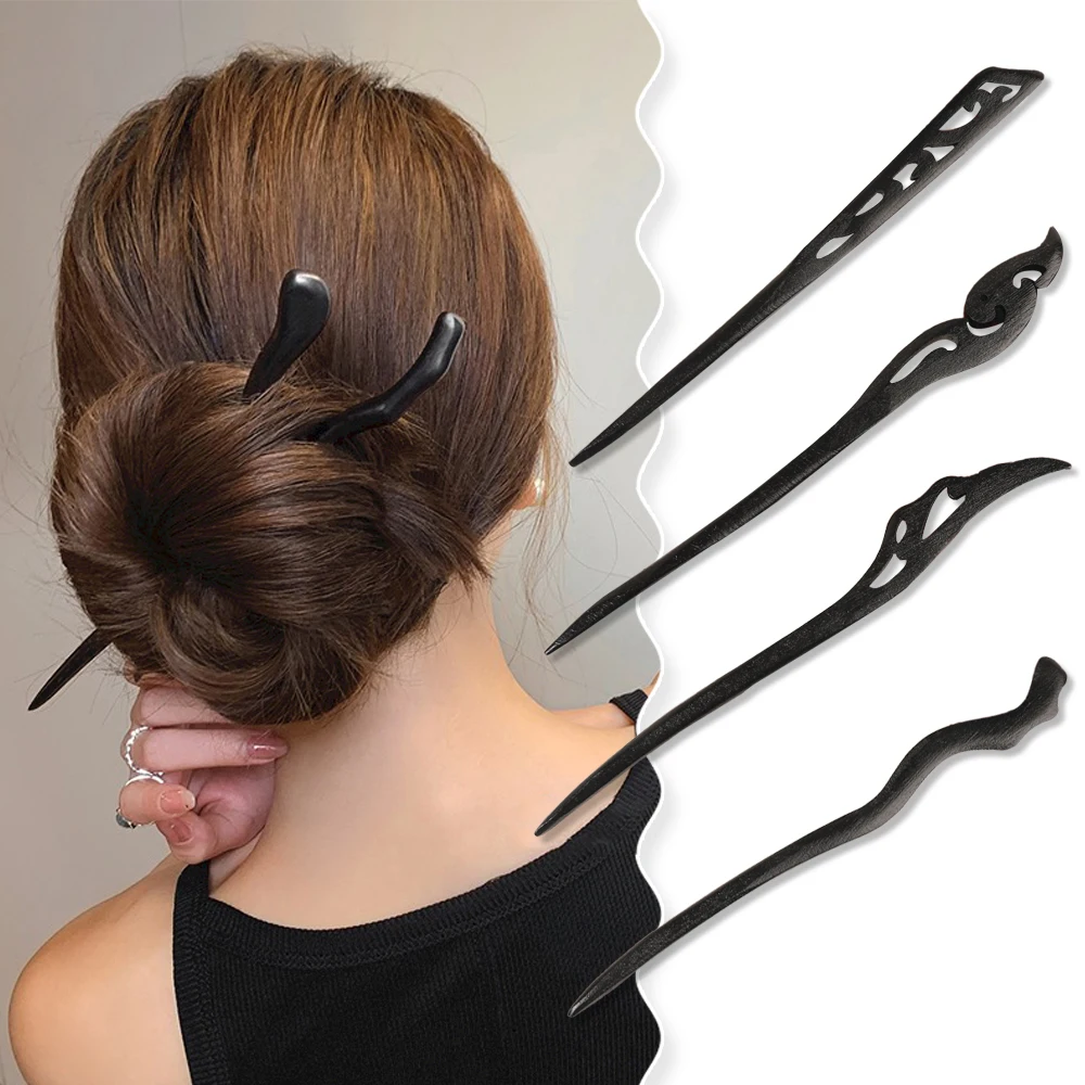 Black Wooden Hair Stick Female Head Handmade Flower Temperament Hairpin Vintage Simple Retro Hairpins For Girl