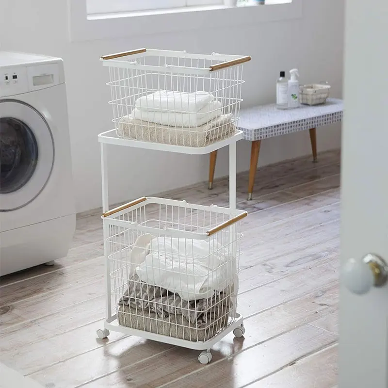 new home 2 tier Wooden handle Dirty clothes basket With wheels Metal wire Frame Laundry Storage cart bathroom organization rack