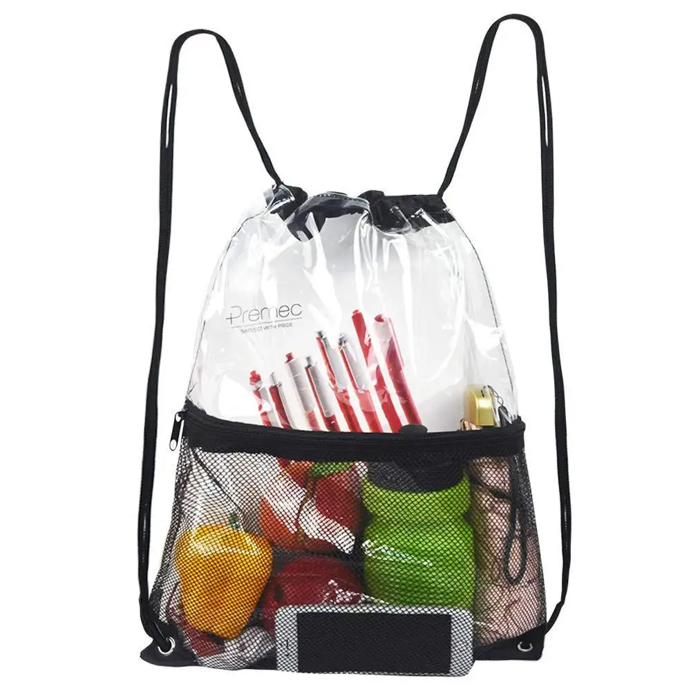 Factory Sale Clear Plastic Drawstring Bag Waterproof  Large Capacity PVC Backpack with Mesh Pocket