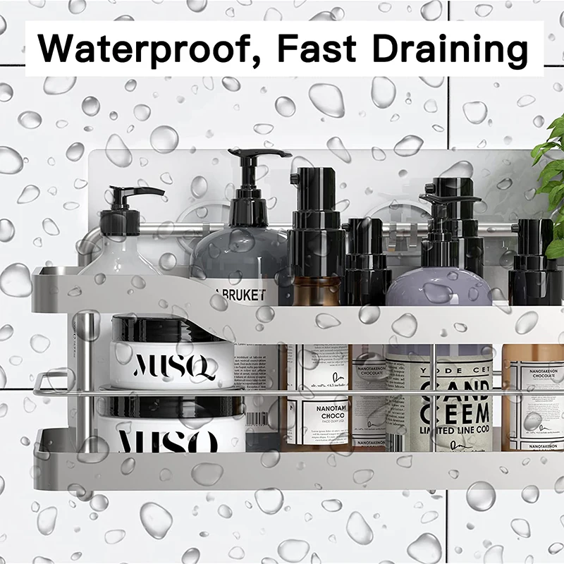 China wholesale on wall shower caddy bathroom shelf 2-pack for bathroom  stainless steel shower caddy adhesive