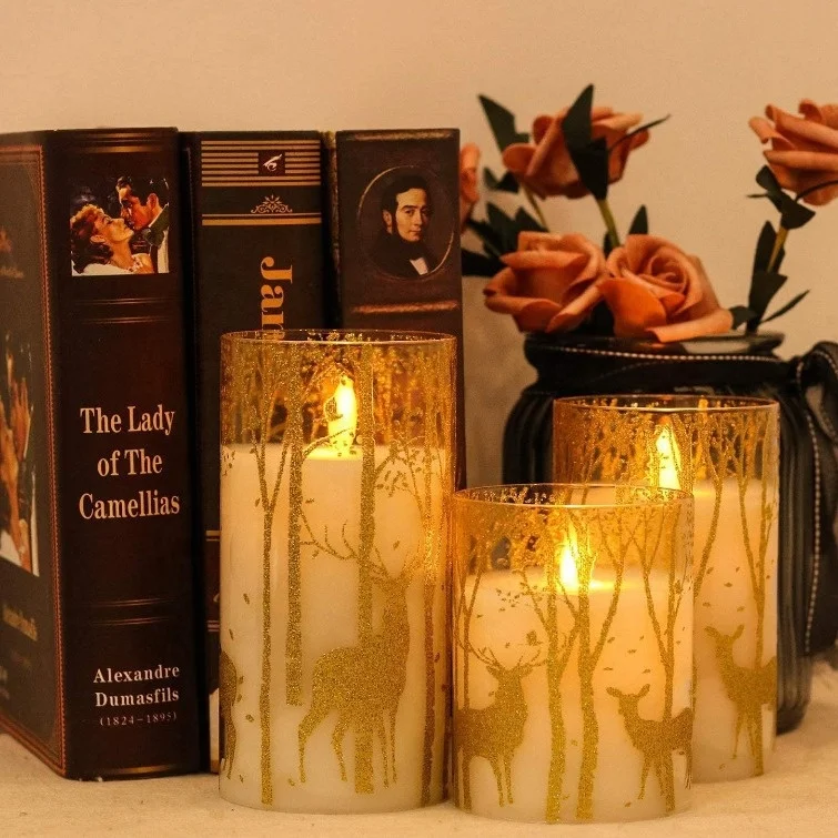 Battery Operated Fashionable Deer Sticker Plastic Cup Cylindrical Flameless LED Electronic Flashing Paraffin Wax Candle